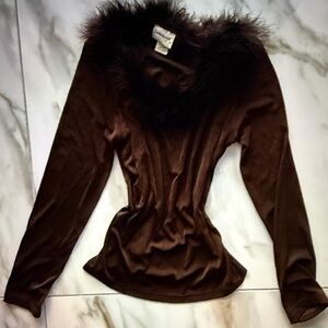 Vintage Chocolate Long Sleeve feather Trim